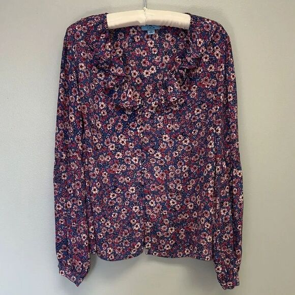 CeCe Tops - CeCe XL Blue Pink Fuchsia Ruffle V-Neck Neck Long Sleeve Floral Blouse